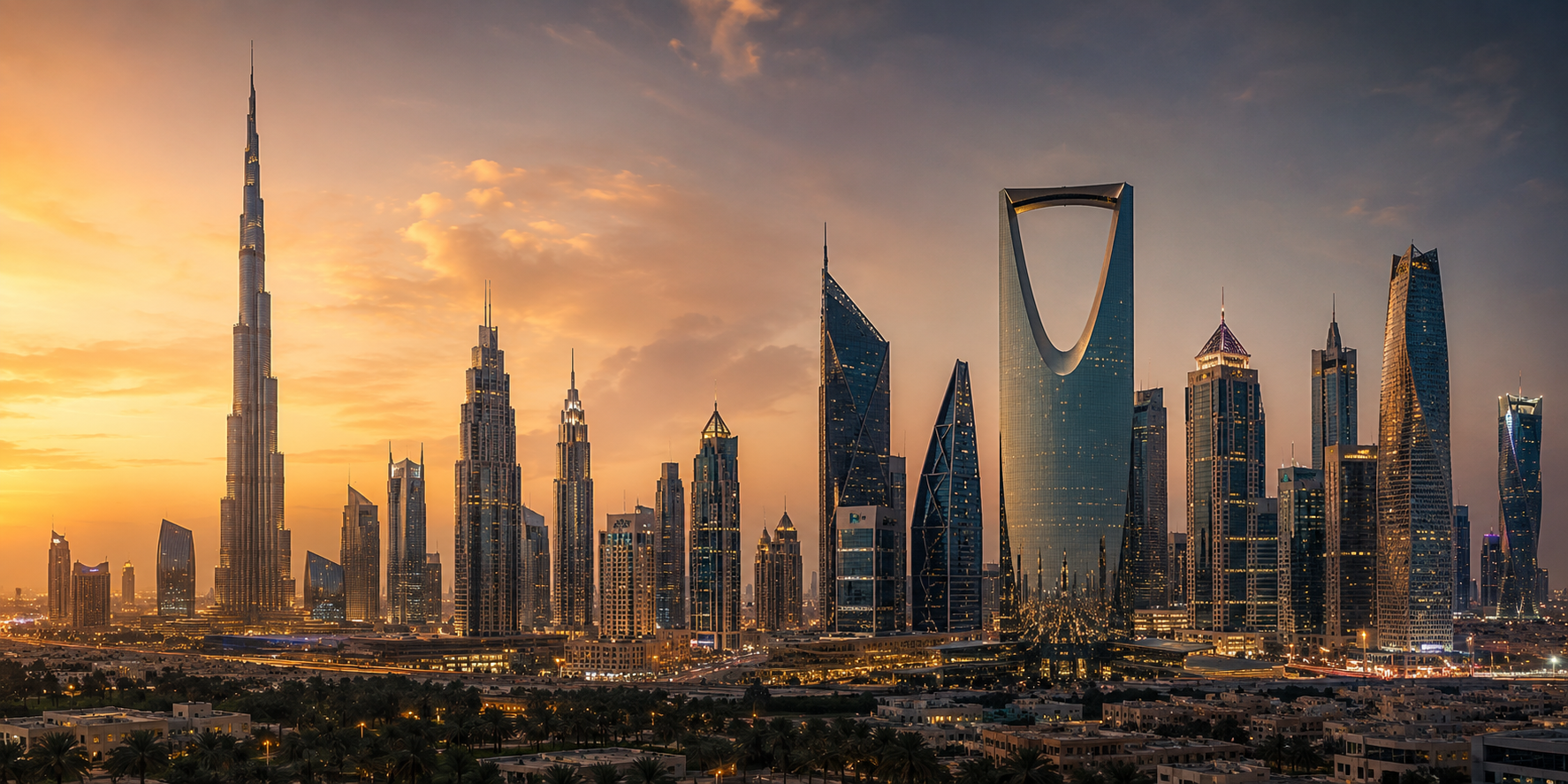 Gulf skyline at sunset
