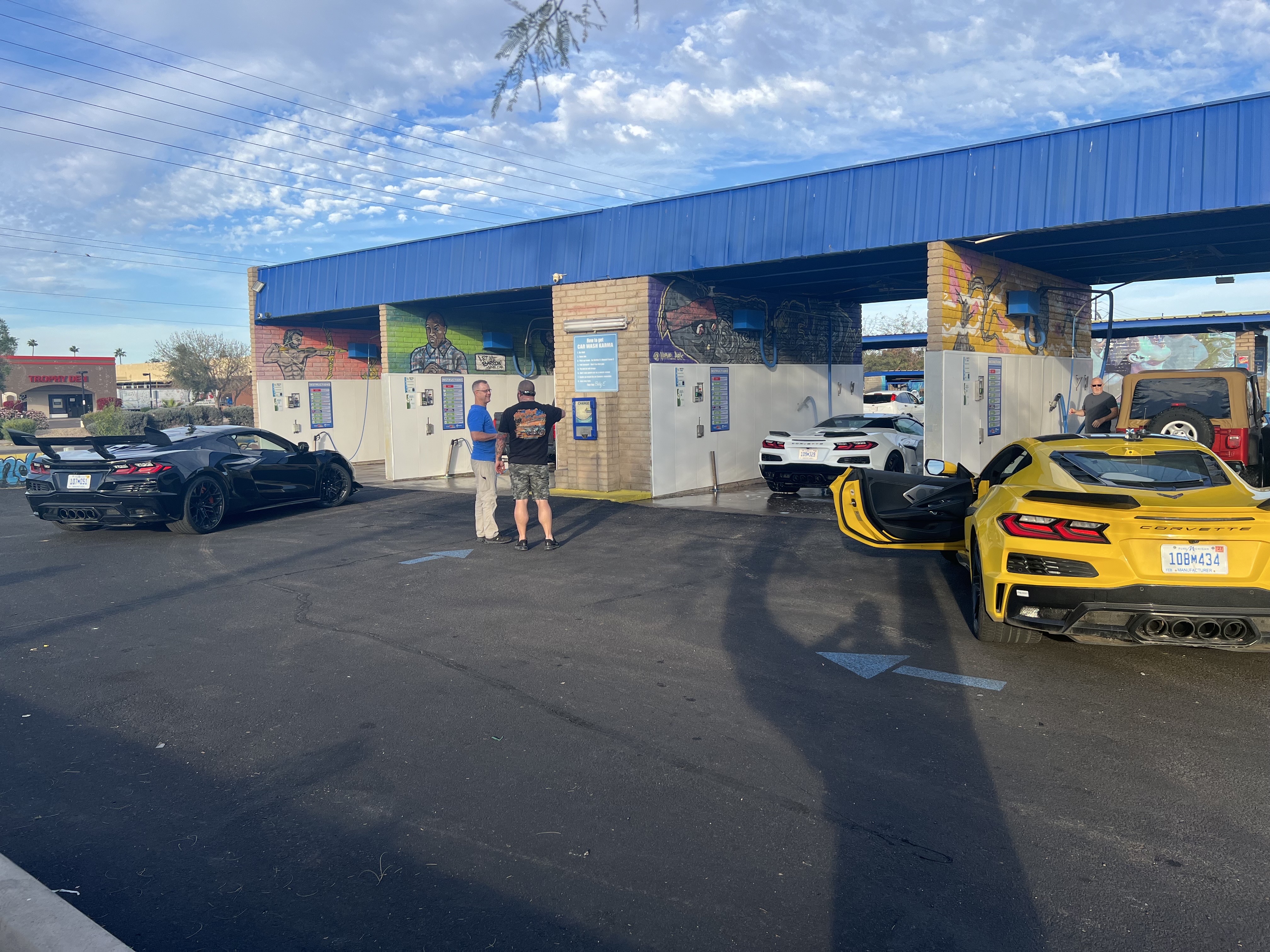 Three Corvette ZR1Xs pulling up to Bobby E's Car Wash in Tempe