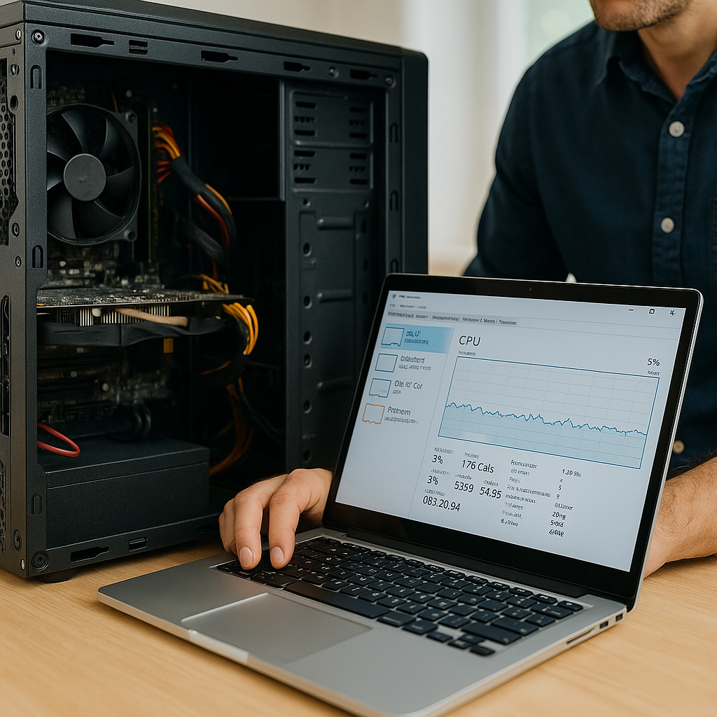 Technician running computer performance diagnostics on a laptop while tuning up a desktop PC for faster speed and system optimization.