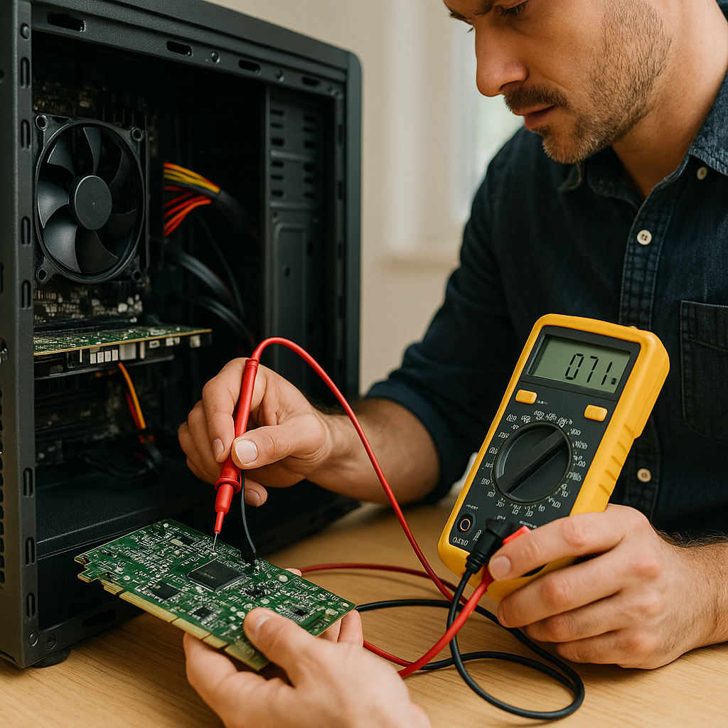 Technician using a multimeter to diagnose hardware issues on a computer circuit board during a detailed desktop PC repair.