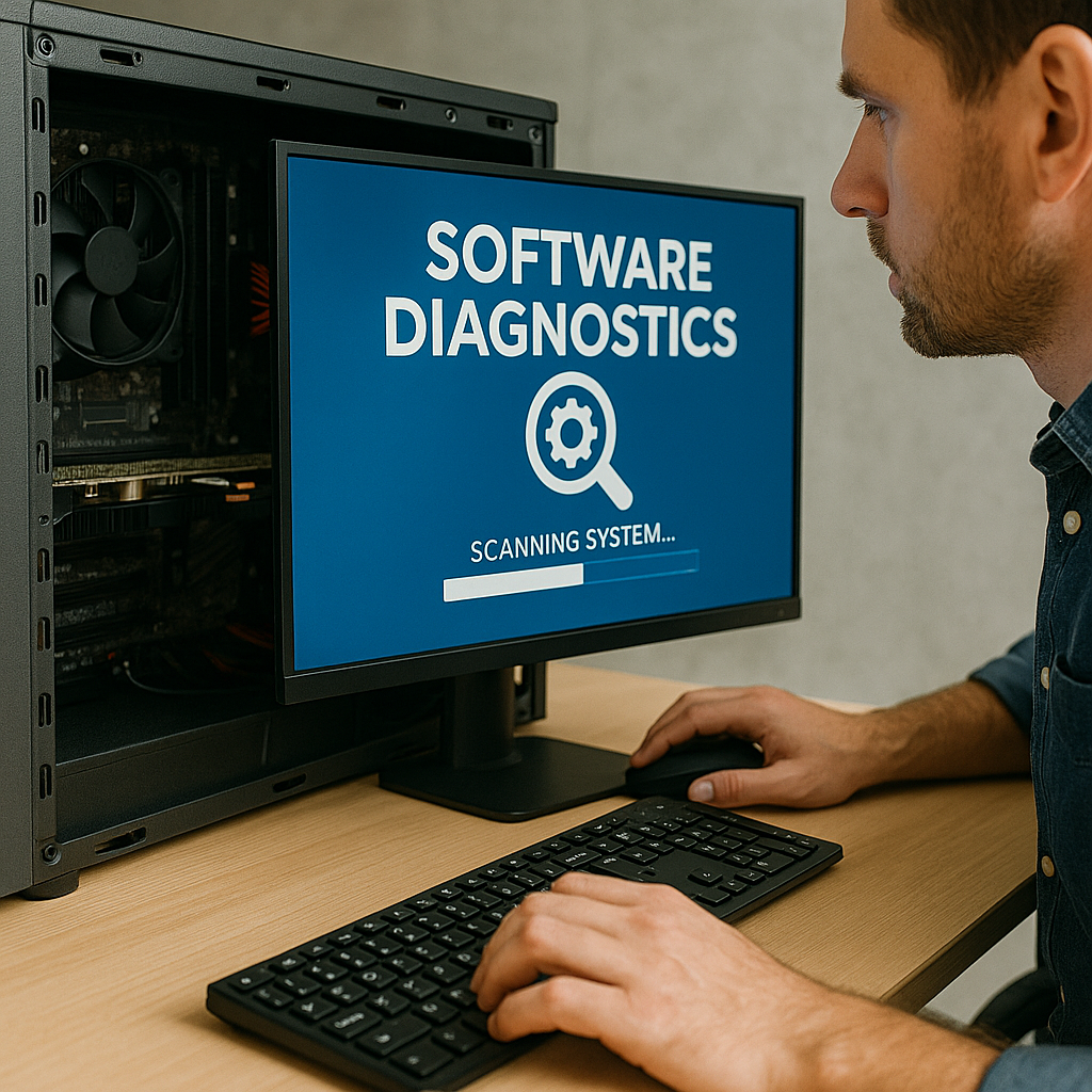 Technician performing a full software diagnostic scan on a desktop computer to identify and fix system errors.