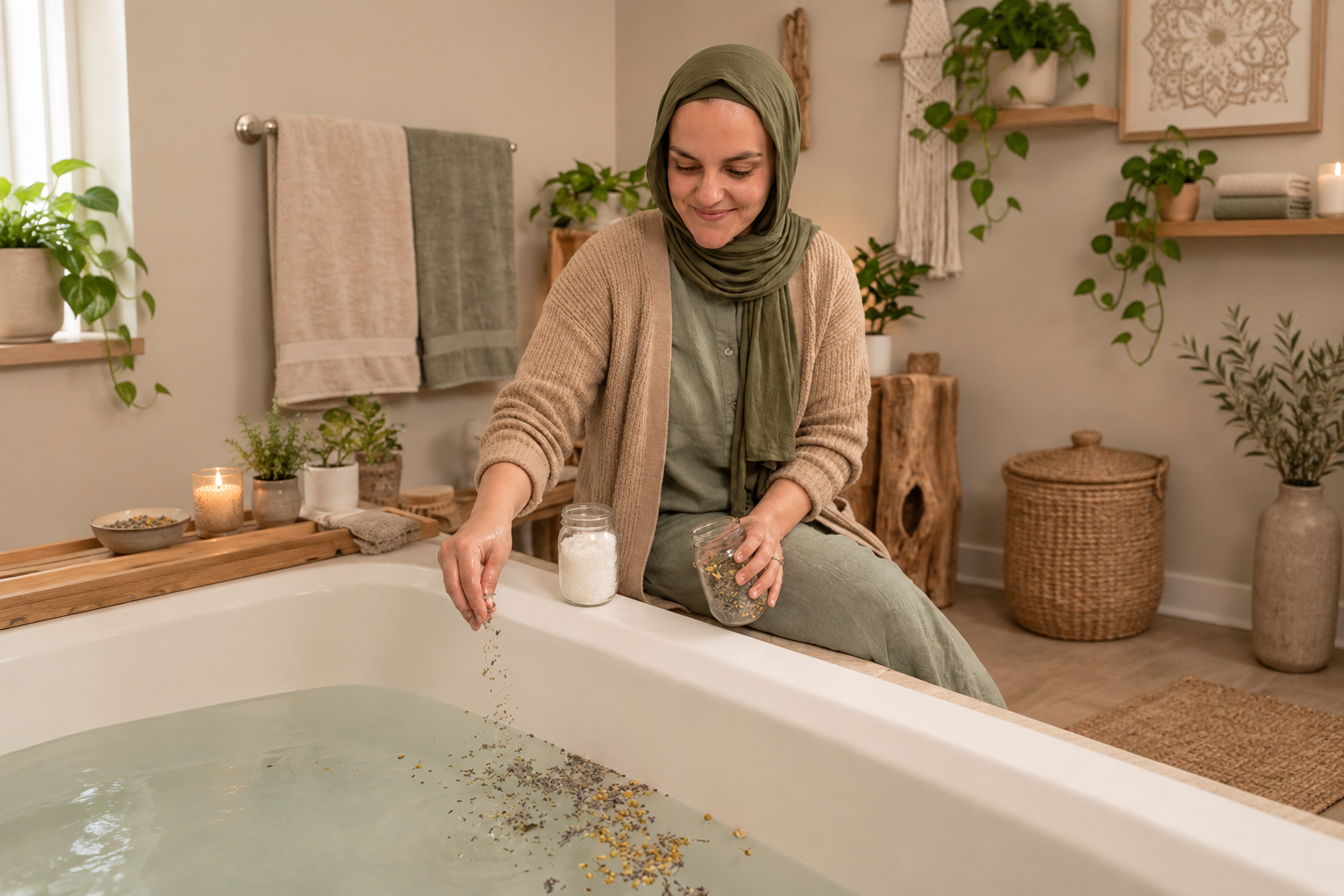 A curated postpartum care basket with muslin cloths, herbal soaks, body oil, and lavender.