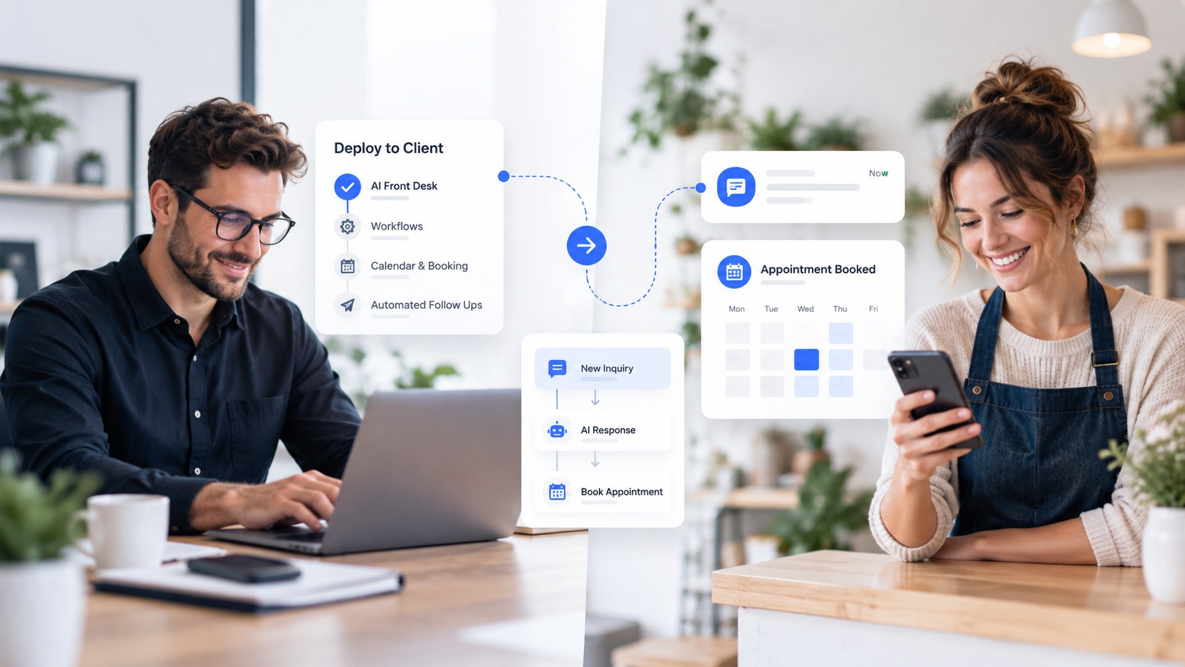 An agency owner deploying AI Front Desk Pro from a laptop while a client business owner sees a new inquiry answered and an appointment booked on her phone