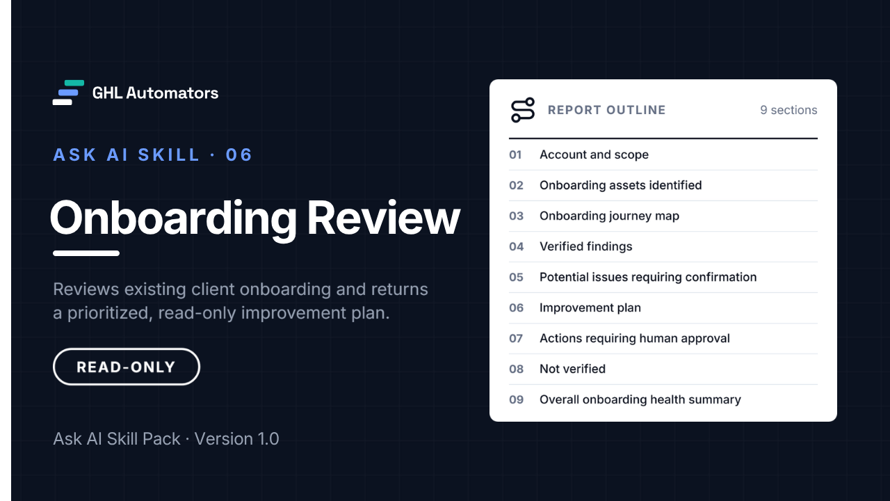 Onboarding Review, Ask AI Skill 06: reviews existing client onboarding and returns a prioritized, read-only improvement plan.