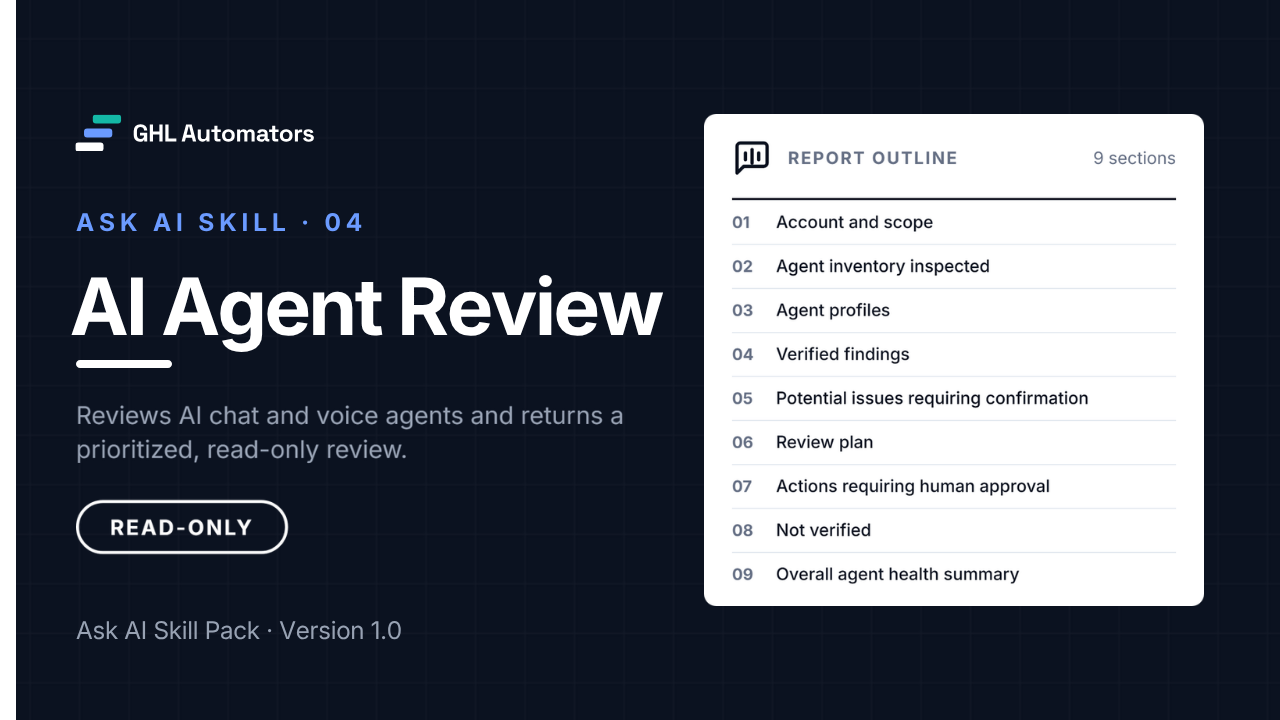 AI Agent Review, Ask AI Skill 04: reviews AI chat and voice agents and returns a prioritized, read-only review.