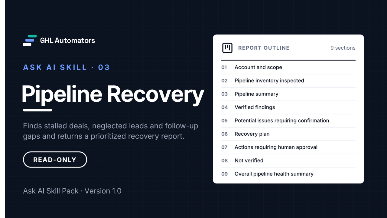 Pipeline Recovery, Ask AI Skill 03: finds stalled deals, neglected leads and follow-up gaps and returns a read-only recovery report.