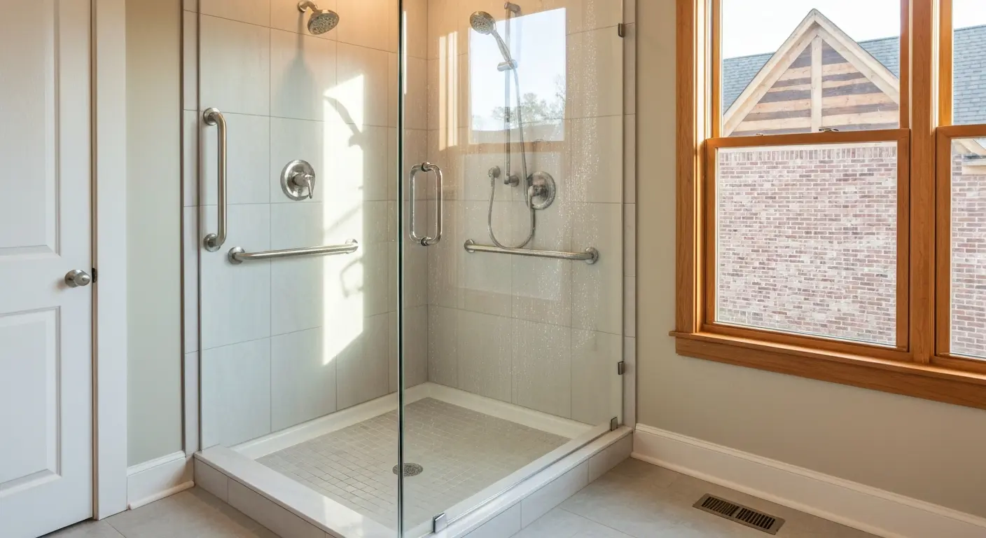 Walk-in shower with grab bars and accessibility features