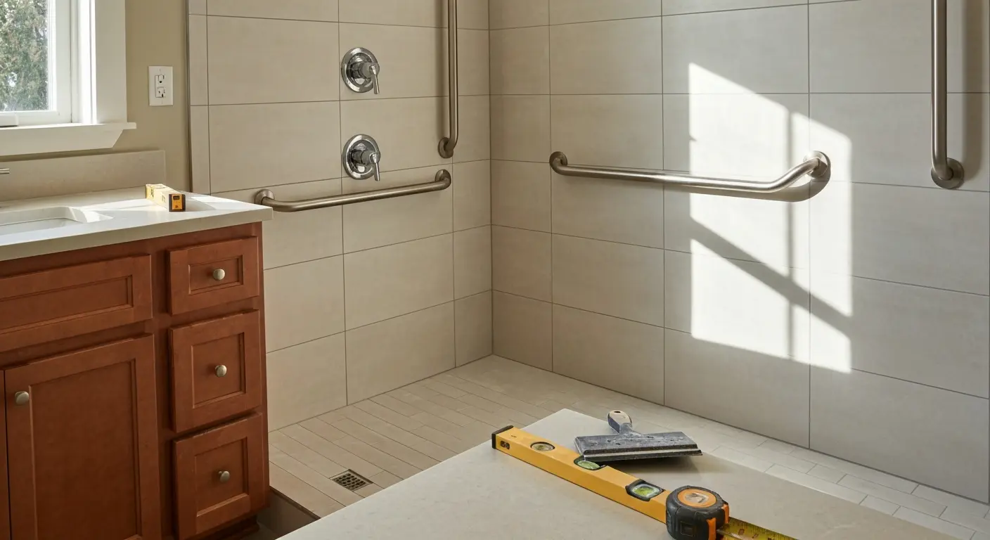 Accessible bathroom renovation with grab bars and curbless shower