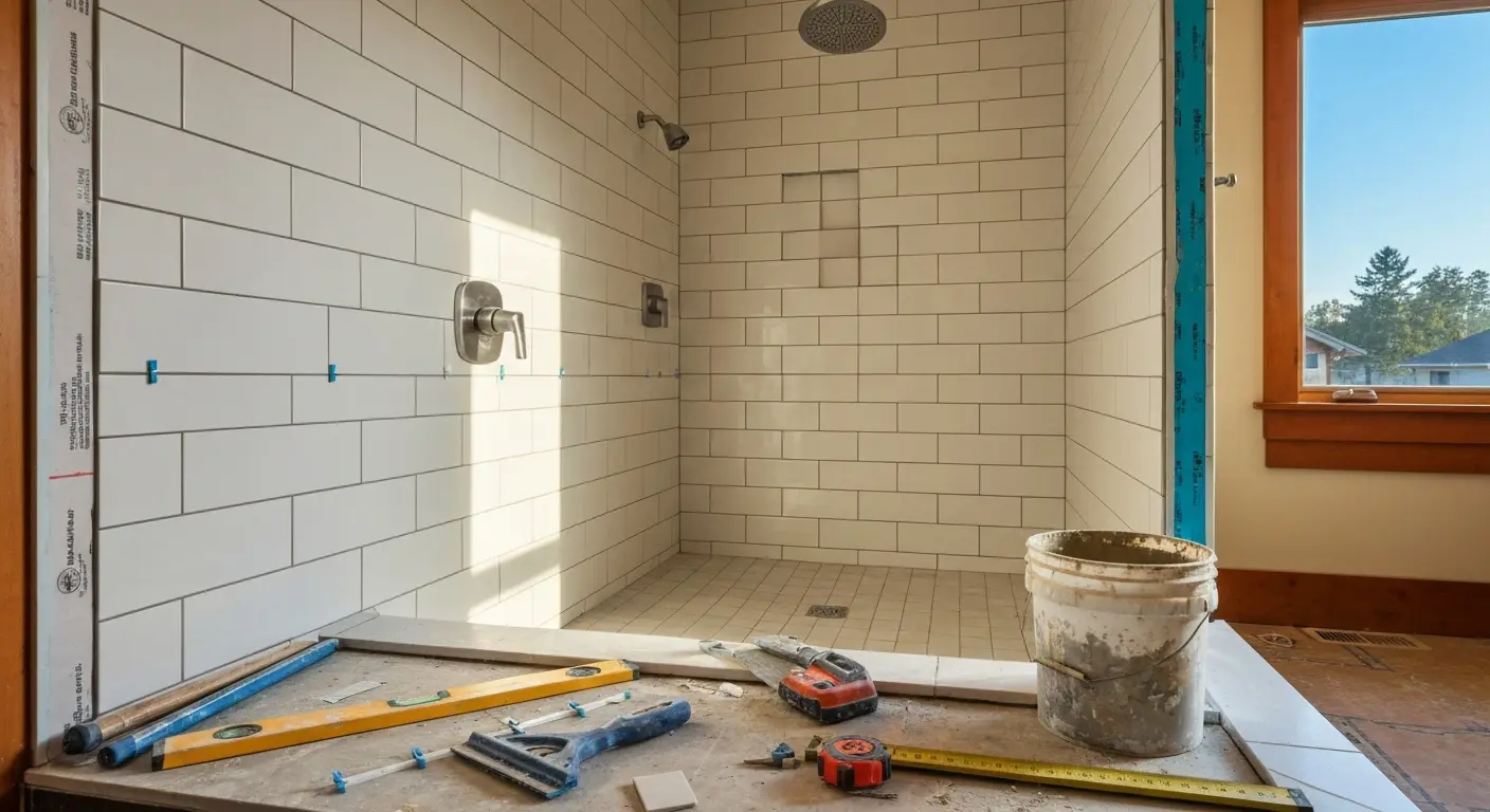 Tile shower installation in progress