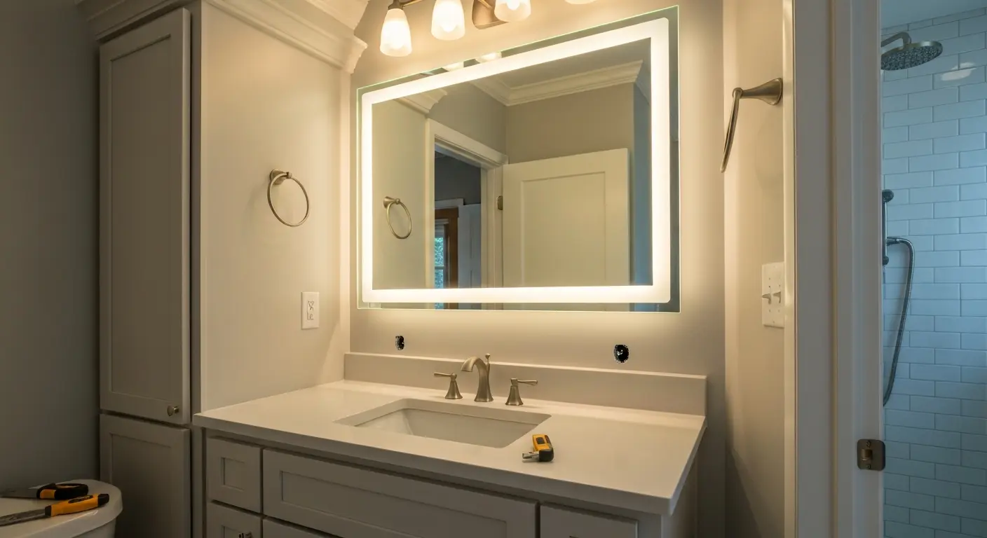 Modern bathroom vanity with mirror and lighting