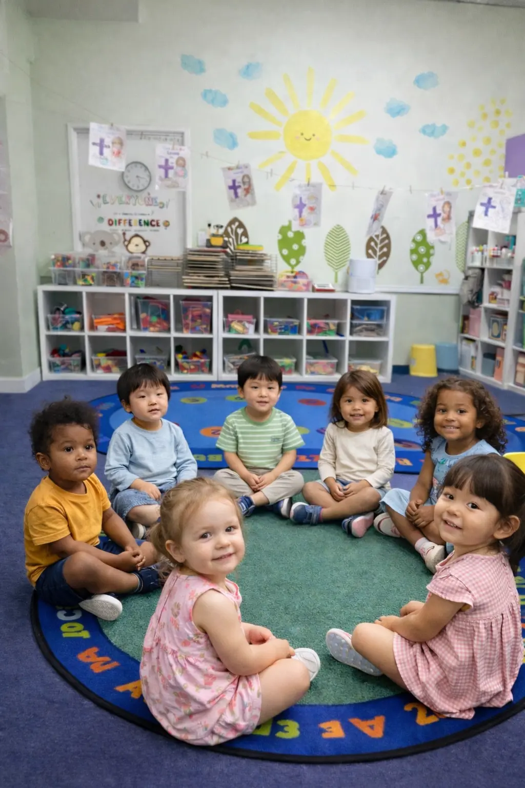 Child and teacher happily interacting on the first day of preschool