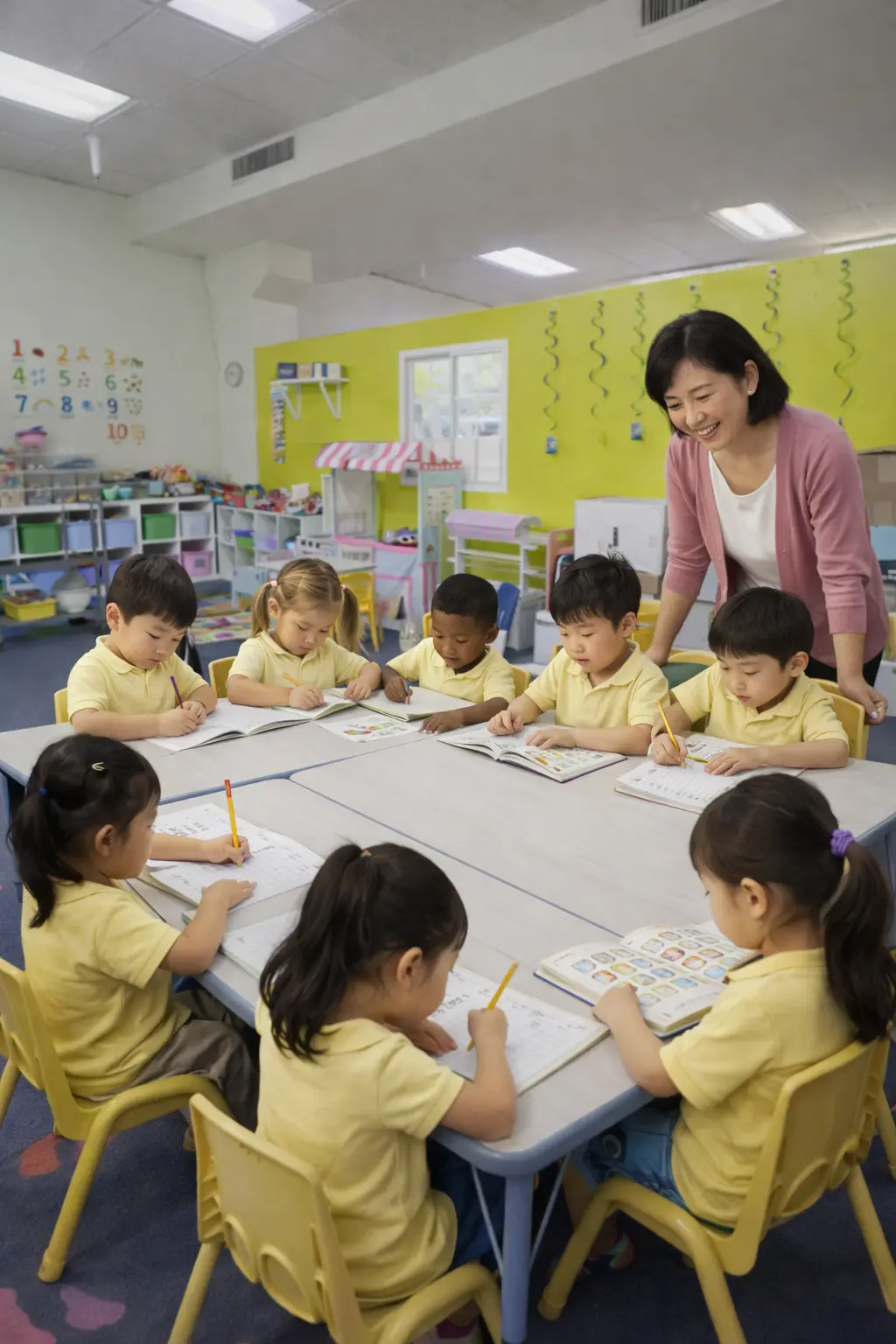 Pre-K students writing and studying at Agape Christian Preschool Westlake Los Angeles