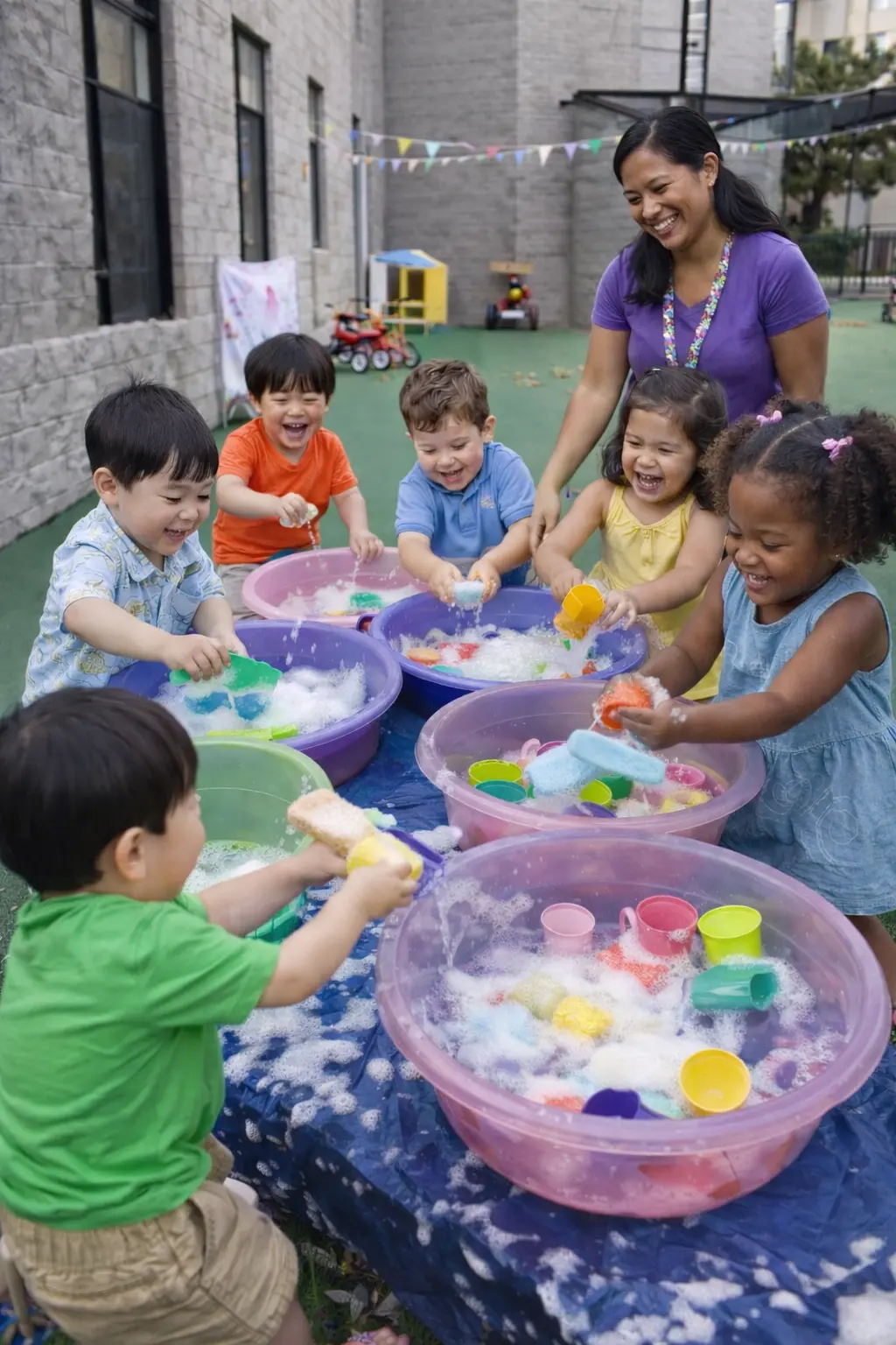 Children enjoying summer camp water play at Agape Christian Preschool Los Angeles