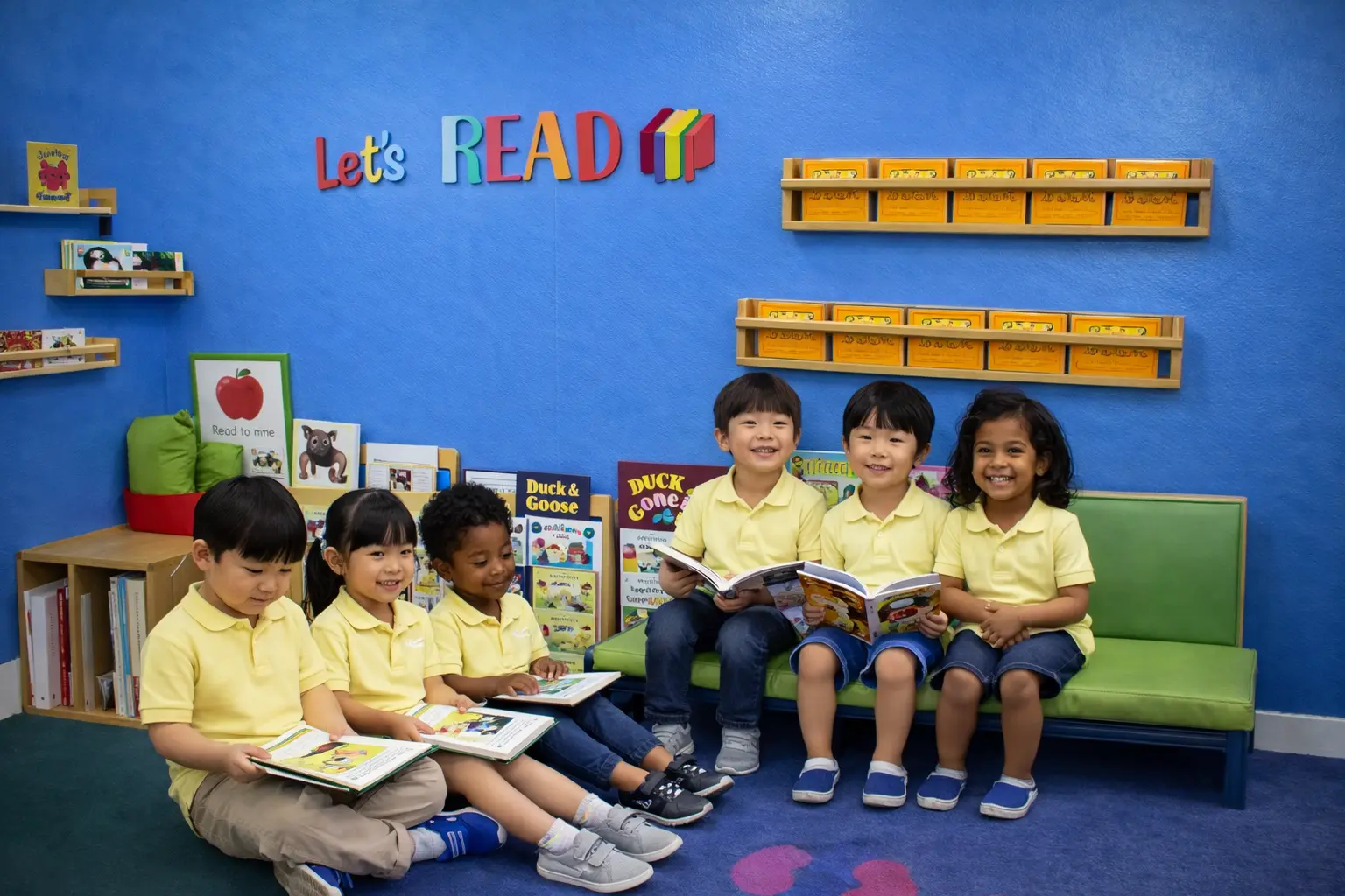 Children reading books together in a colorful classroom