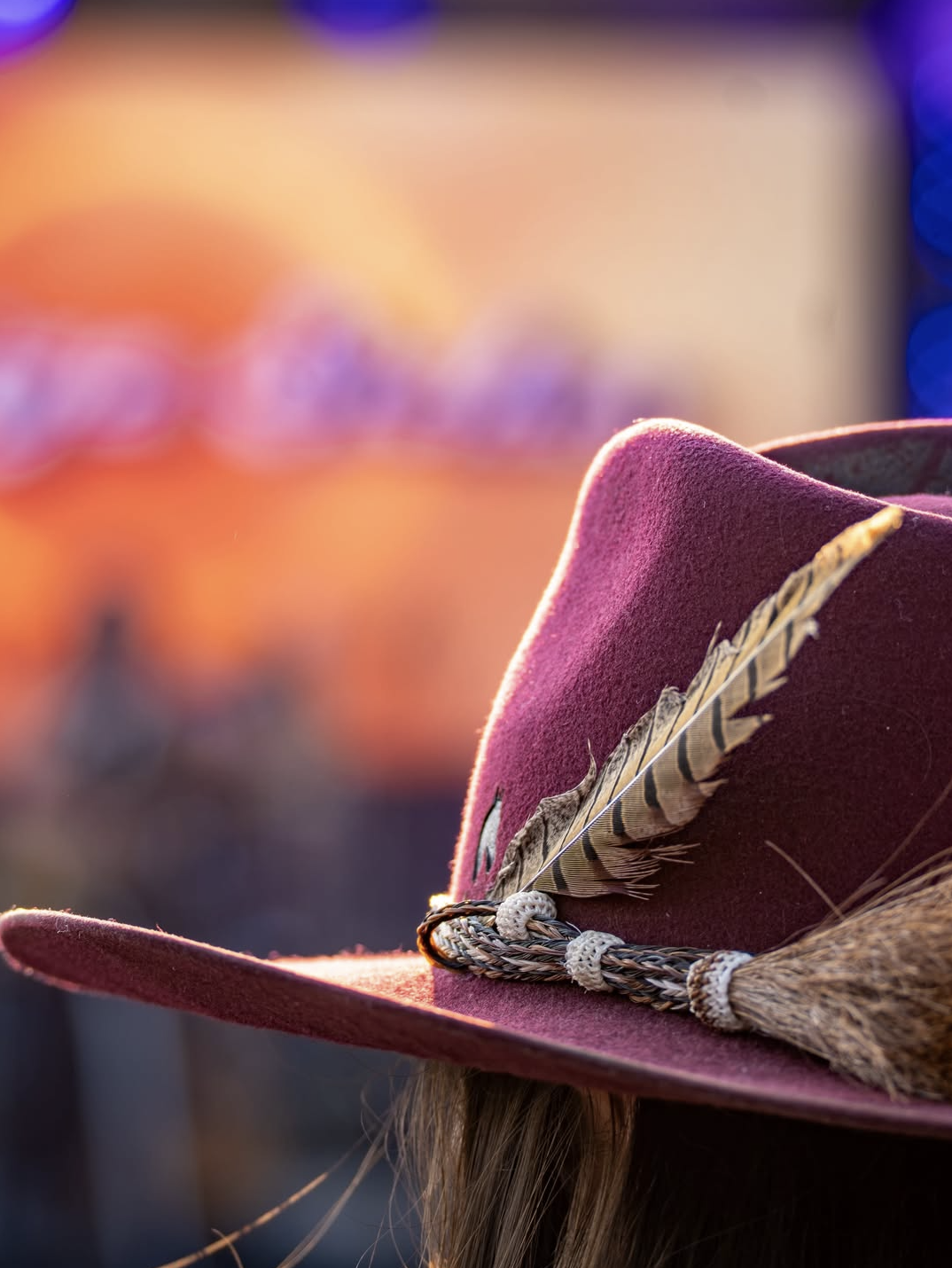 Burgundy felt hat with a feather band, close-up