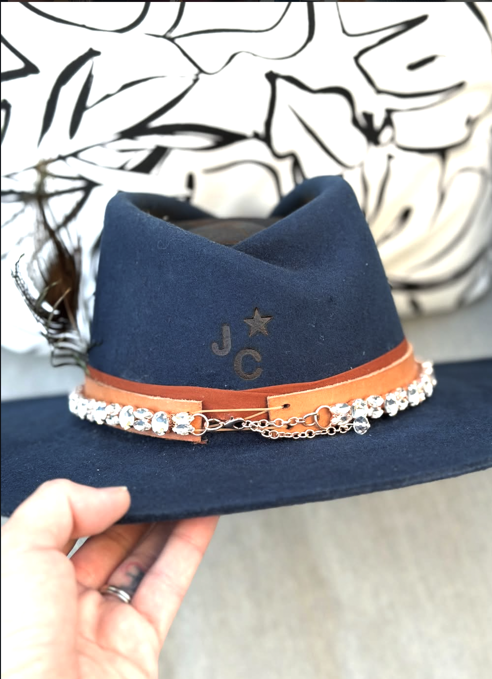 Navy felt hat with beaded band, made at Ace High Hat Bar