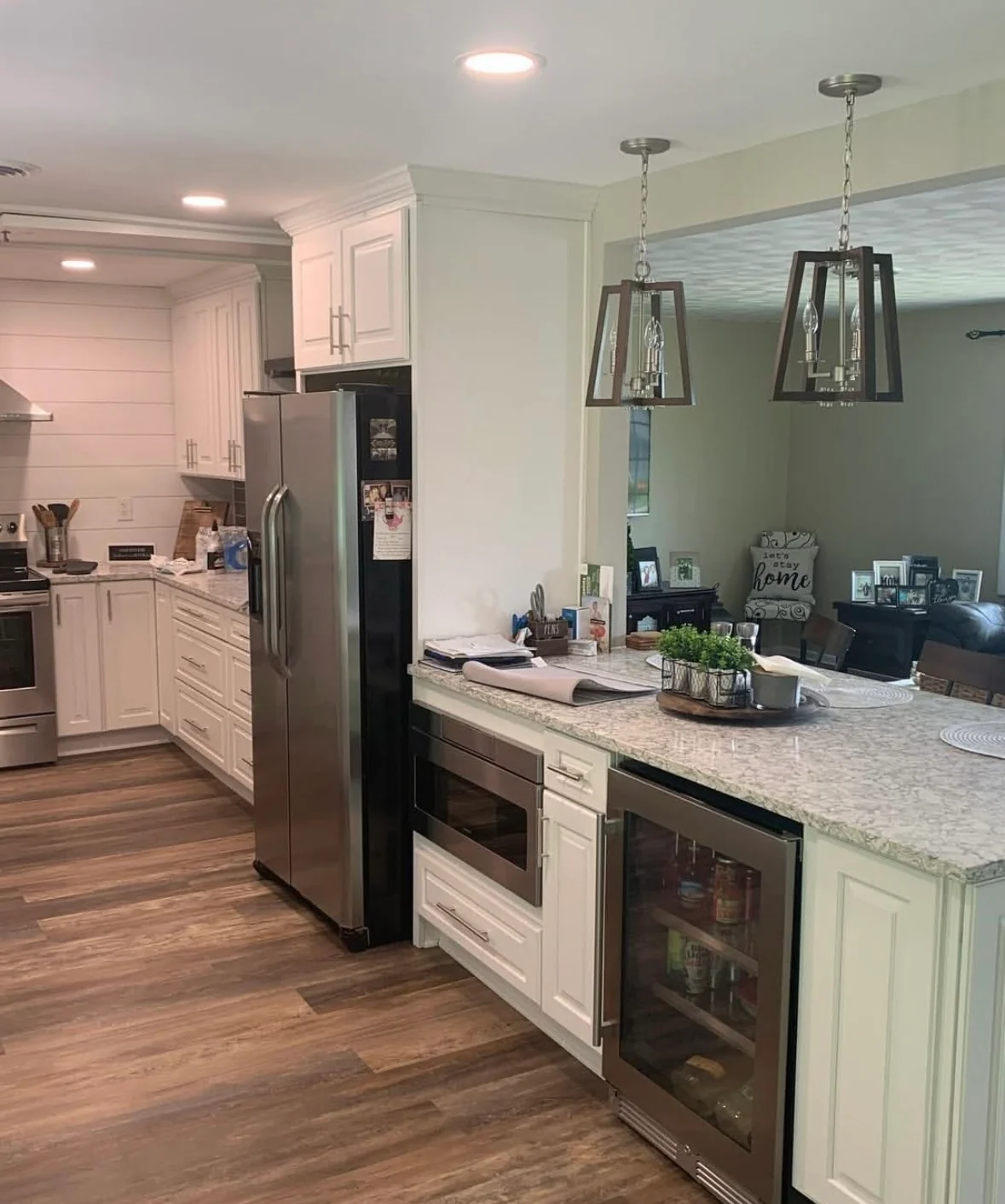 Fairless Hills kitchen remodel showing refrigerator wall and beverage-station area