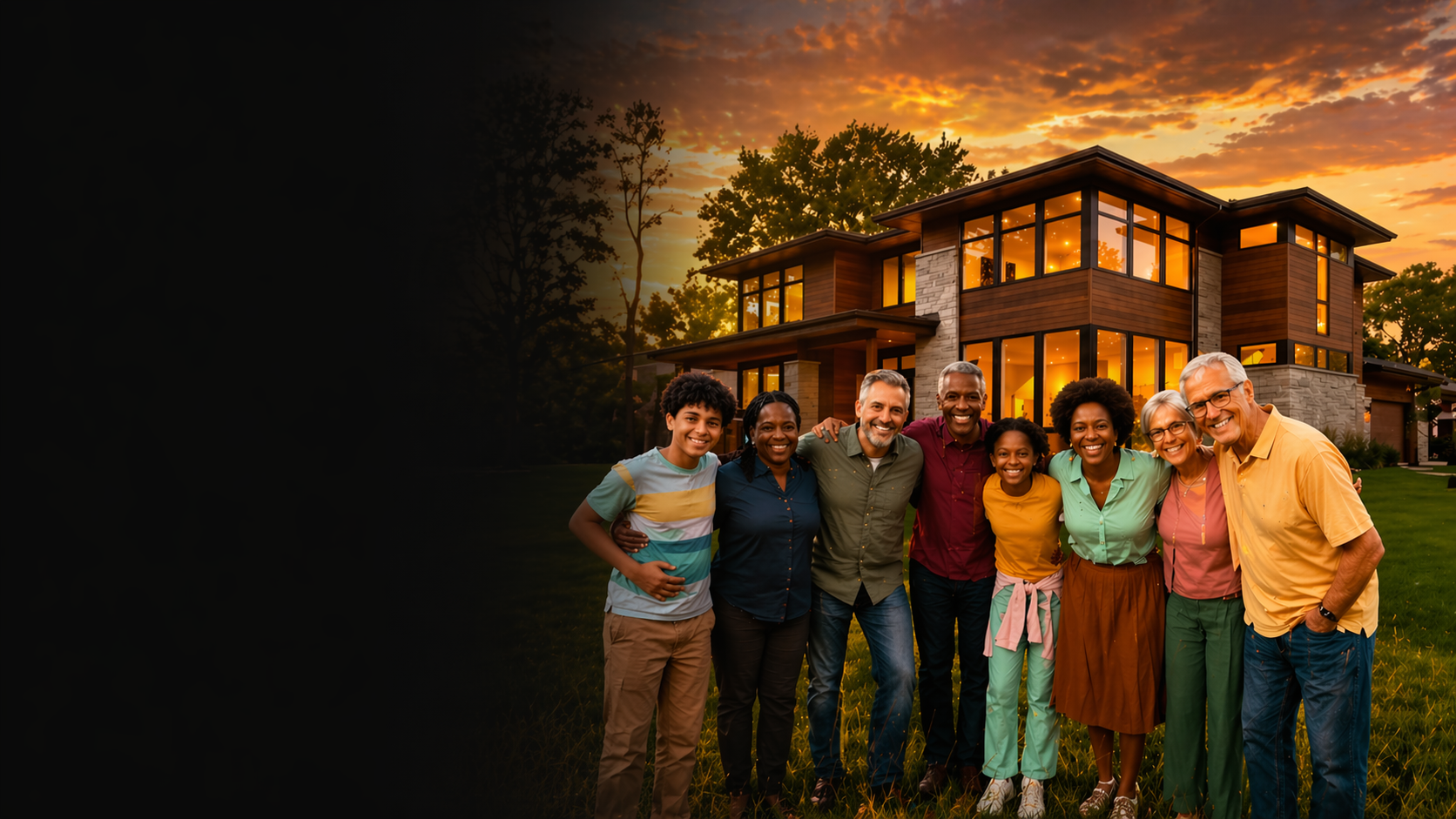 Multi-generational family in front of their protected home at golden hour