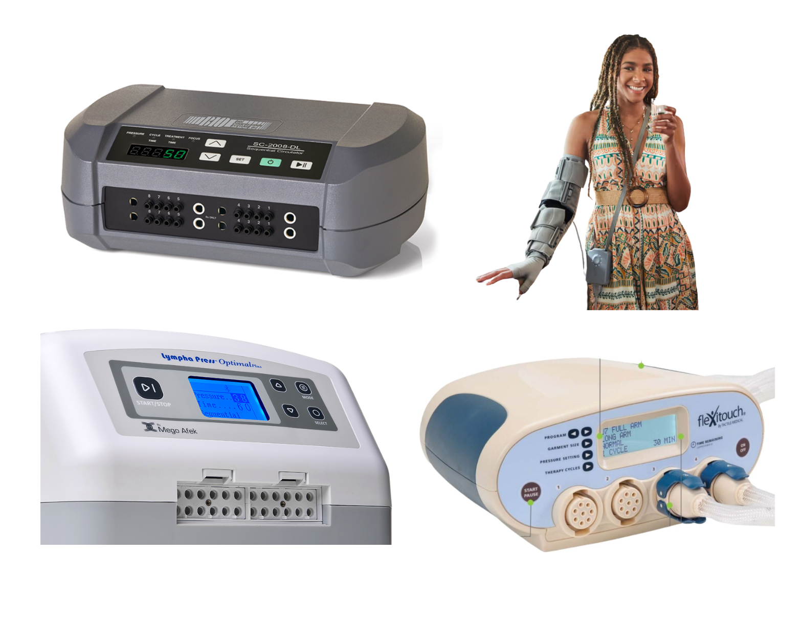 Four lymphedema compression pump systems side by side for comparison: Lymphapress, Tactile Medical, Koya Dayspring, and BioCompression 