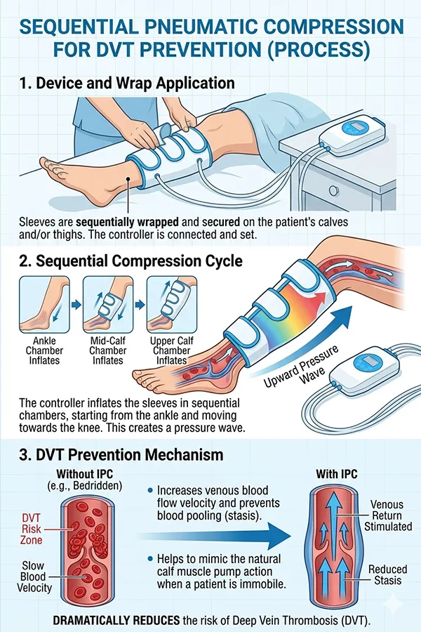 Diagram showing how sequential gradient compression chambers inflate from distal to proximal to move lymph fluid
