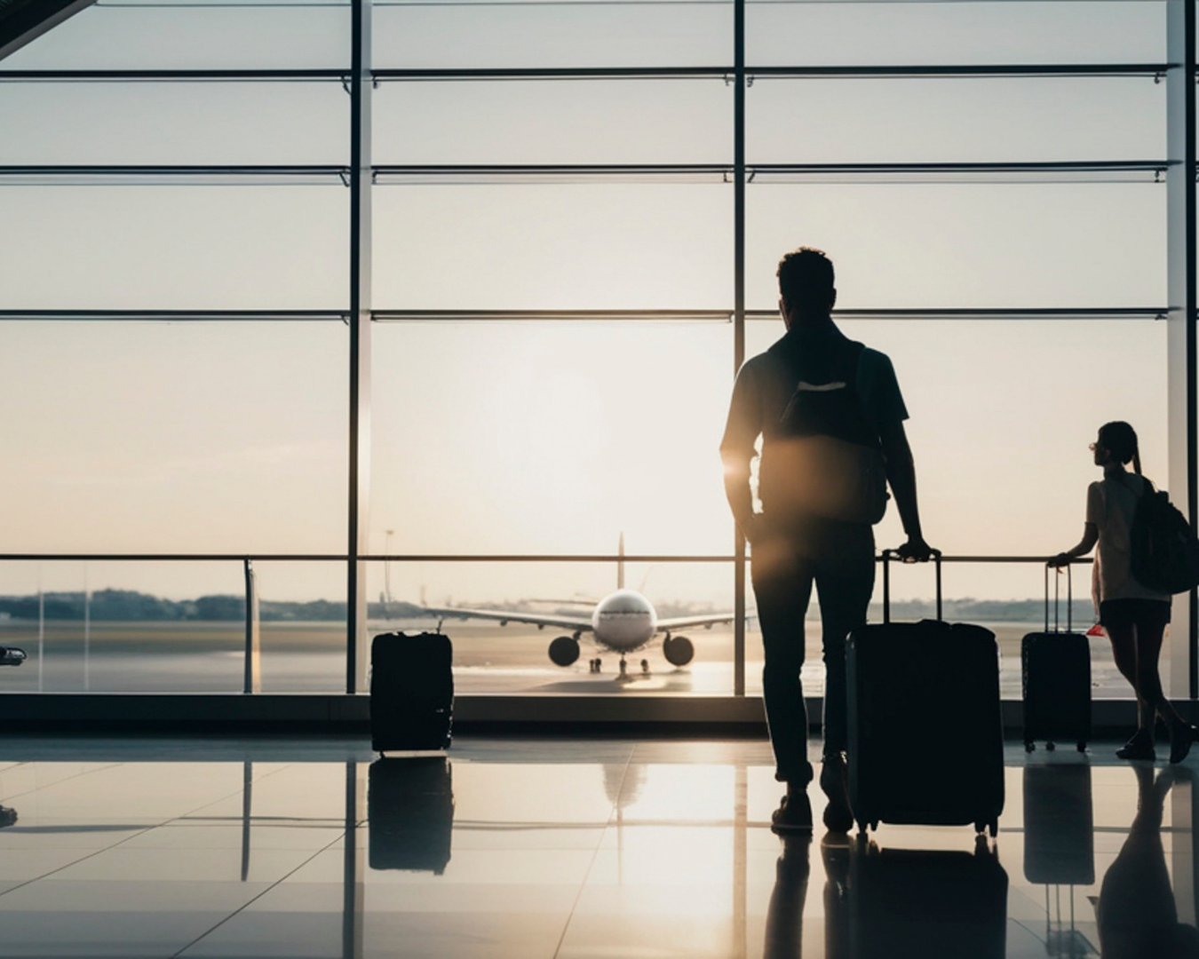Person with lymphedema at airport with carry-on luggage wearing compression garment, ready for air travel