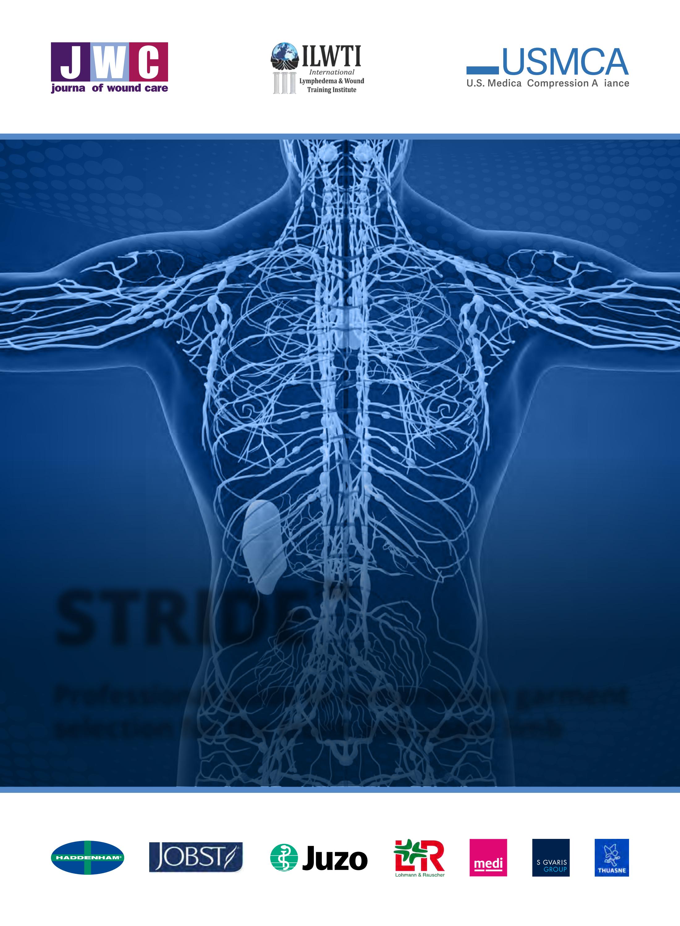 STRIDE compression therapy guide cover featuring lymphatic system anatomy, sponsored by Haddenham, Jobst, Juzo, L&R, medi, Sigvaris, and Thuasne