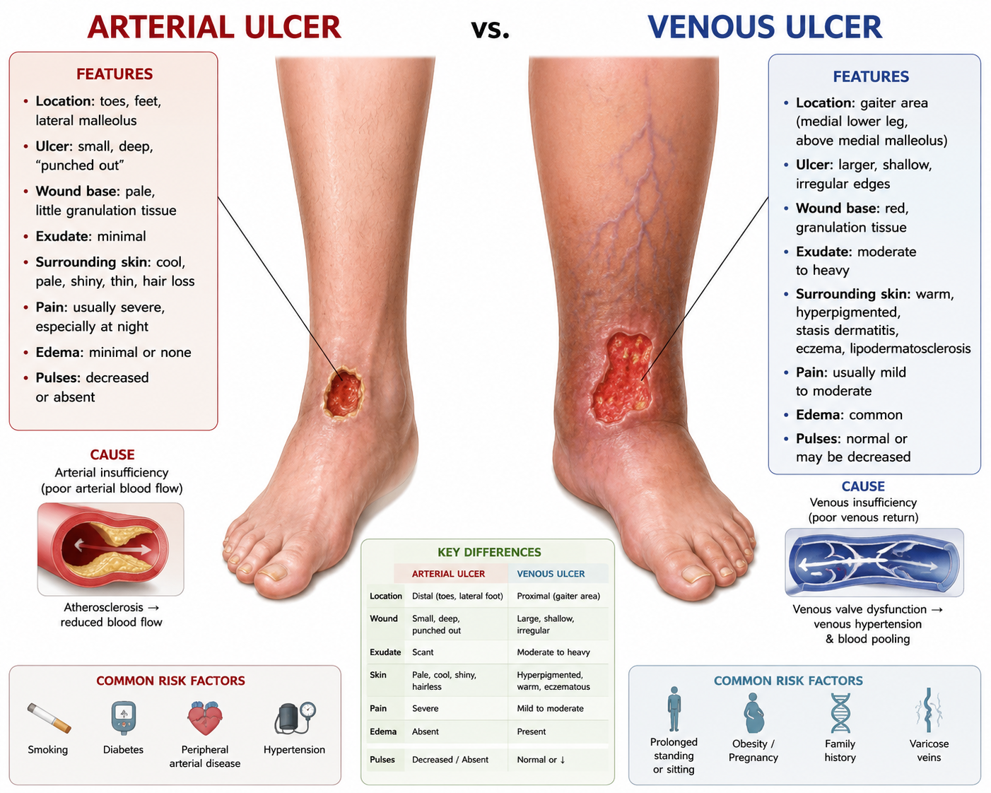 Side-by-side comparison diagram of arterial wound vs venous stasis ulcer on lower leg Side-by-side comparison diagram of arterial wound vs venous stasis ulcer on lower leg