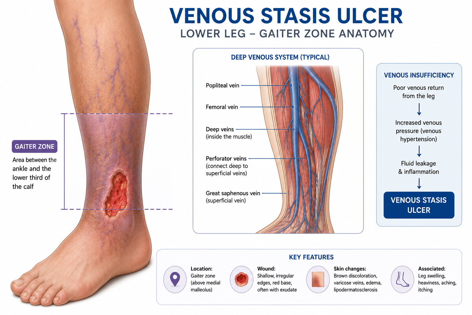 Medical diagram showing the gaiter zone on the lower leg where venous stasis ulcers typically form Medical diagram showing the gaiter zone on the lower leg where venous stasis ulcers typically form
