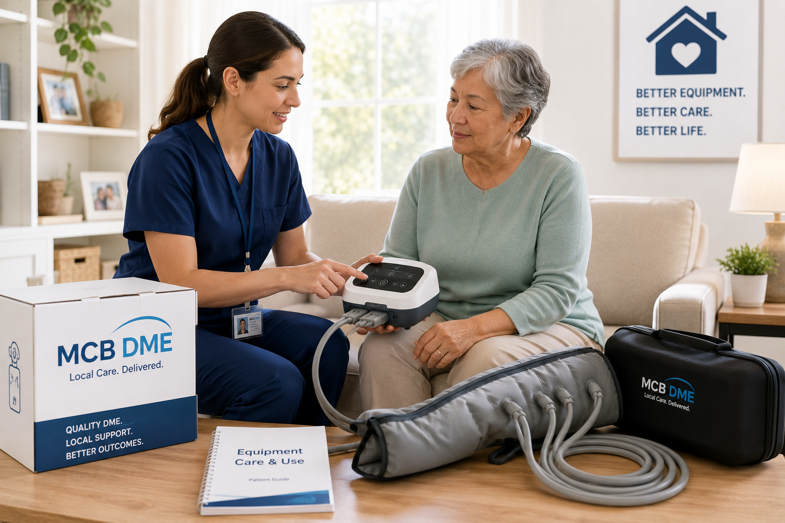 DME clinician performing lymphedema pump fitting and training at patient's home in New Jersey DME clinician performing lymphedema pump fitting and training at patient's home in New Jersey