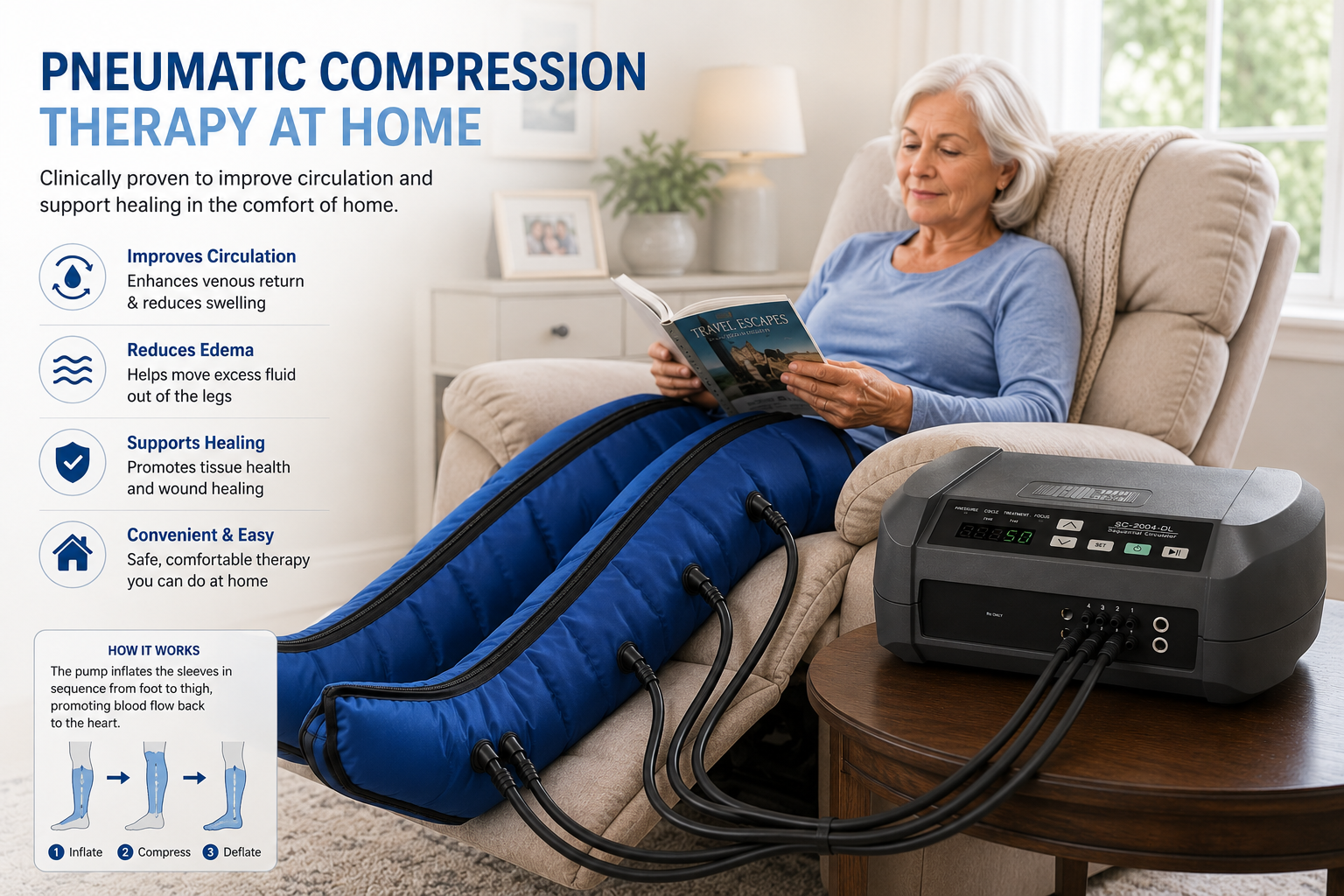 Patient relaxing at home while using a BioCompression SC-2004-DL pneumatic compression pump with royal blue segmented leg garments for lymphedema and edema therapy. Patient relaxing at home while using a BioCompression SC-2004-DL pneumatic compression pump with royal blue segmented leg garments for lymphedema and edema therapy.