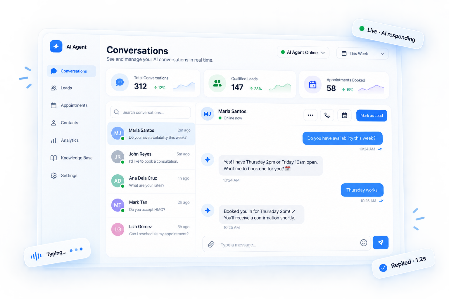 Illustrative Sellmatic conversation dashboard showing customer messages, lead management, and appointment booking.