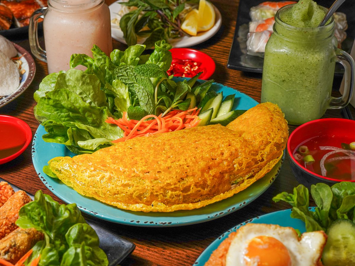Banh xeo Vietnamese turmeric pancake with pork belly and prawns