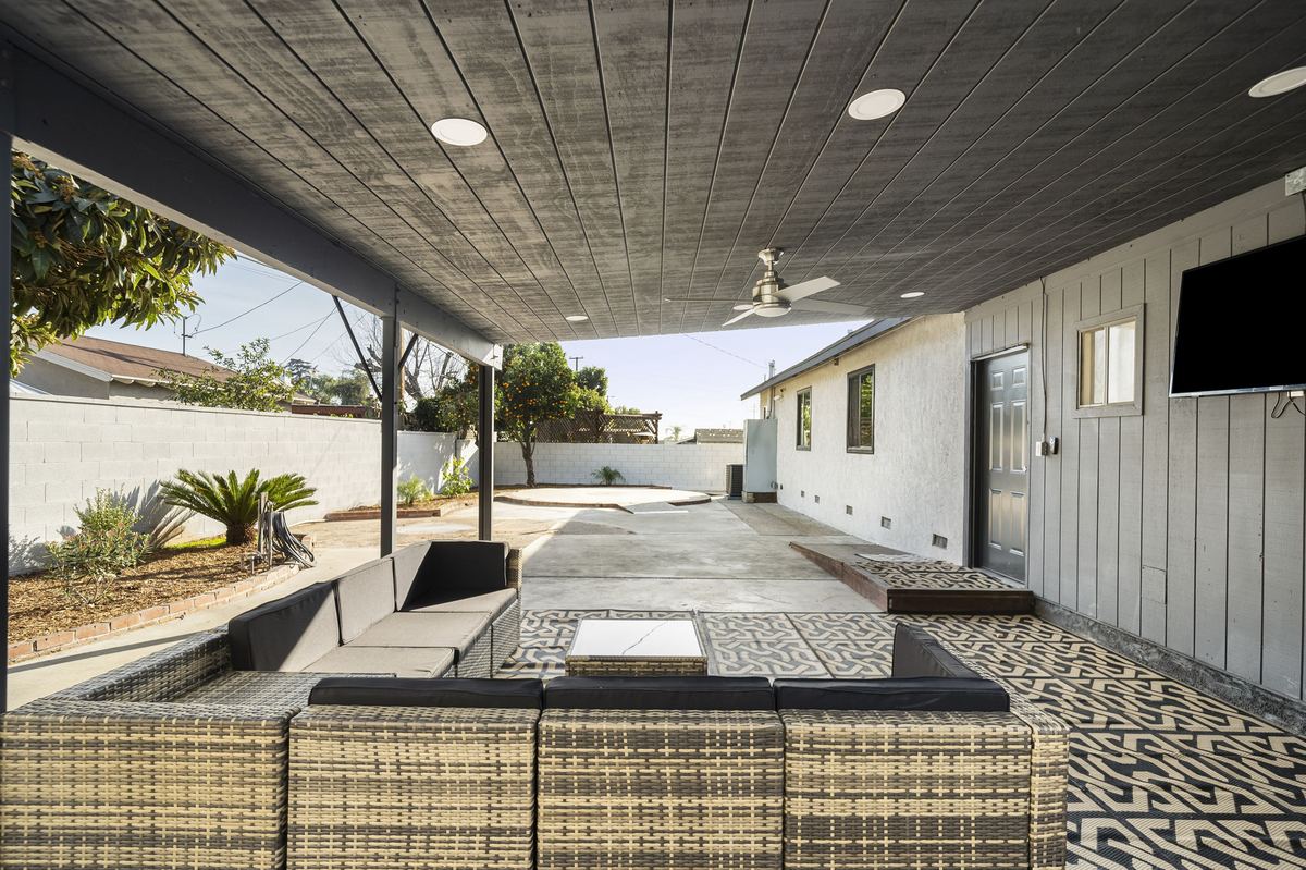 Covered outdoor living space at Chino Manor