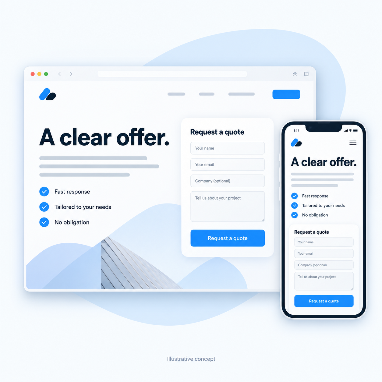 Illustrative quote-request landing page concept with desktop and mobile previews