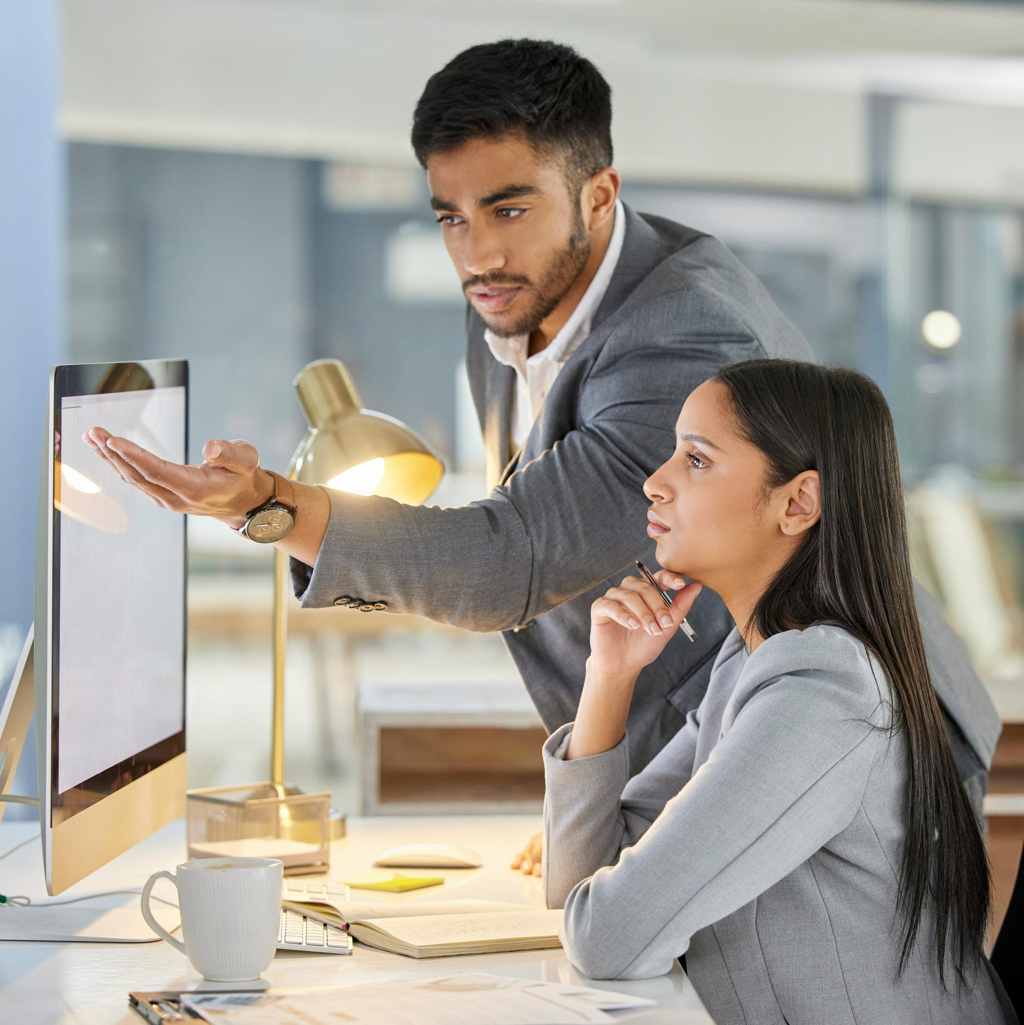 Business professionals reviewing a plan together at a computer