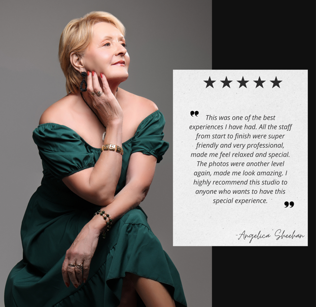 Portrait of a woman and a testimonial