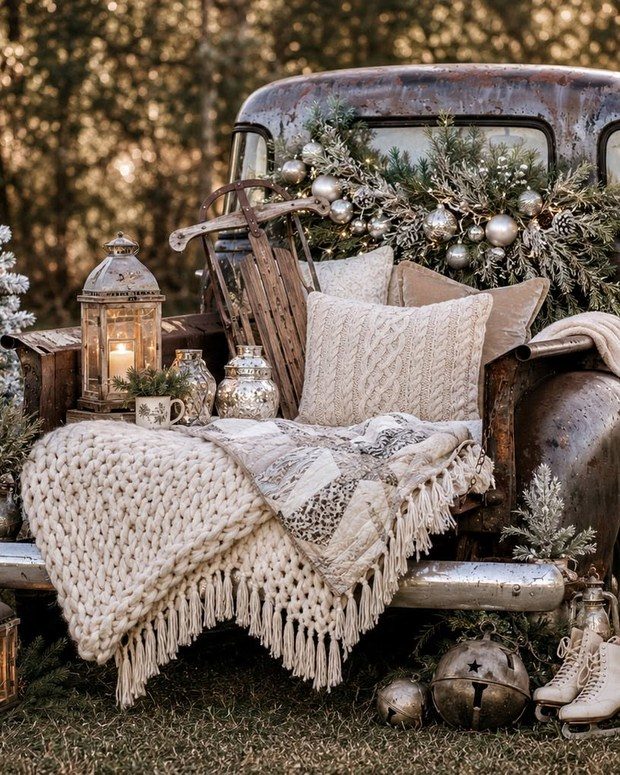 The vintage truck set dressed for Christmas with flocked trees and lanterns