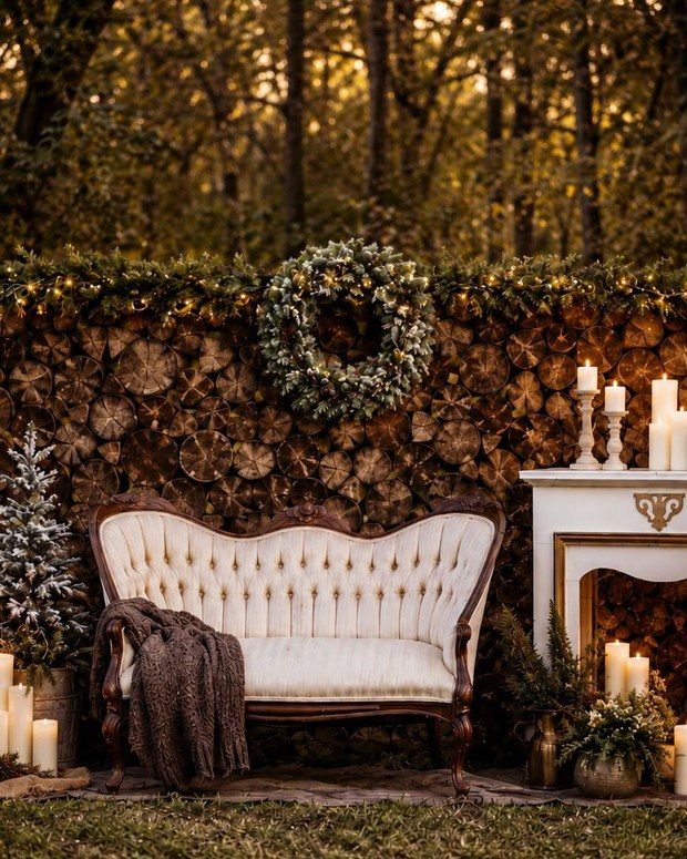 An outdoor Christmas set with a settee, wreath and candlelight