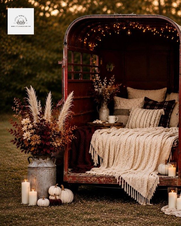 A vintage red trailer styled with candles, pampas and florals at golden hour