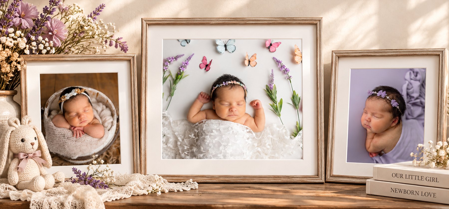 Three newborn portraits in soft wood frames with dried lavender