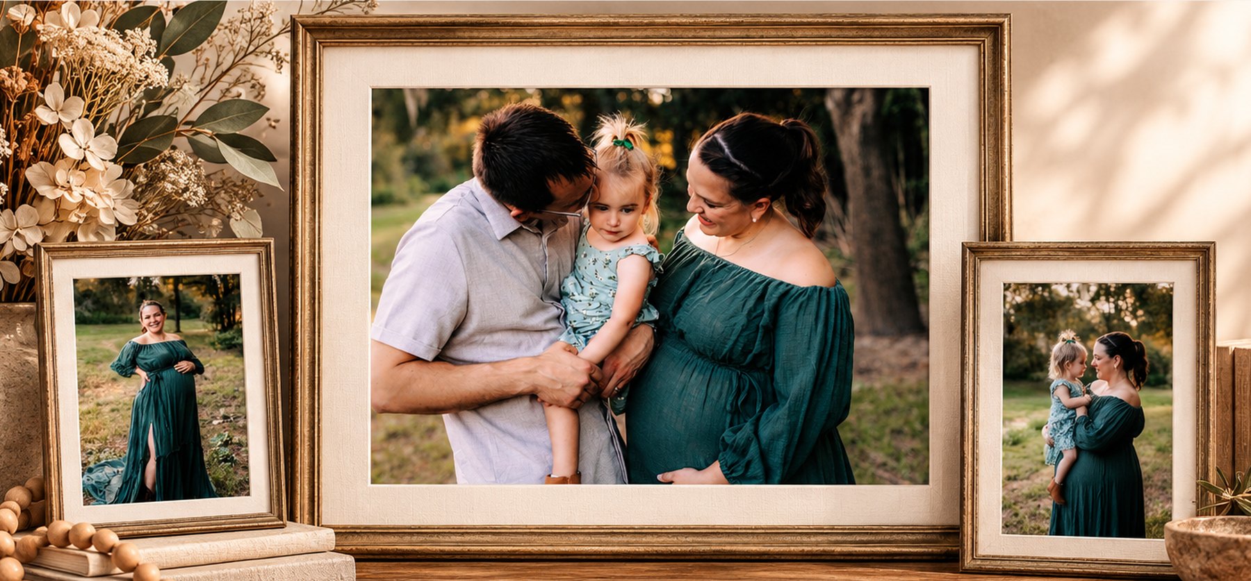 A maternity portrait in a gold frame with two companion prints