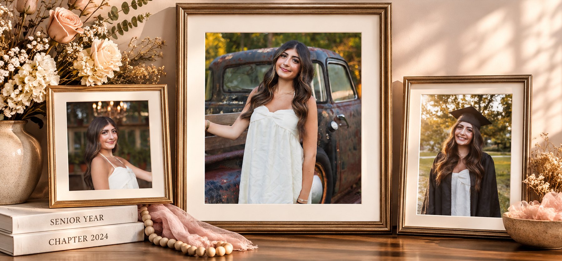 Three senior portraits in gold frames with flowers and books