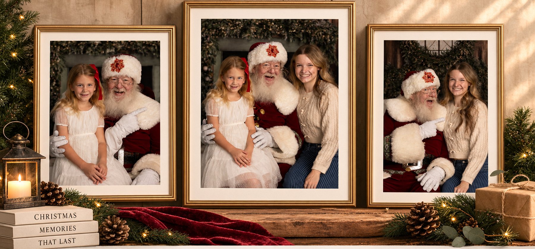 Three Santa portraits in gold frames on a Christmas mantel