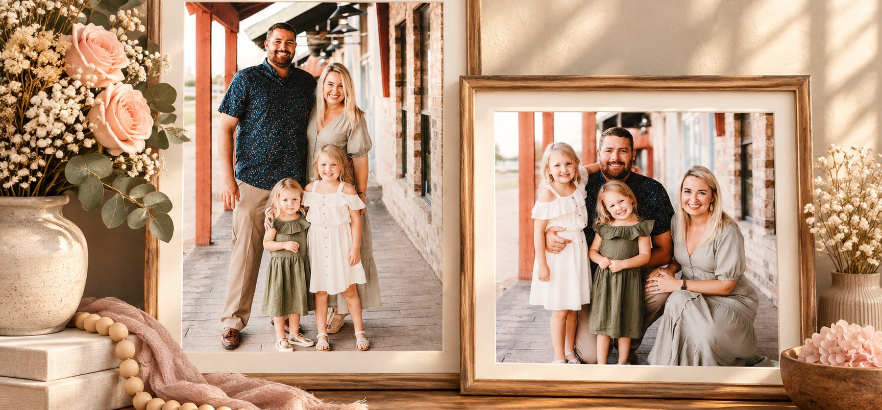 Two framed family portraits on a shelf with roses and eucalyptus