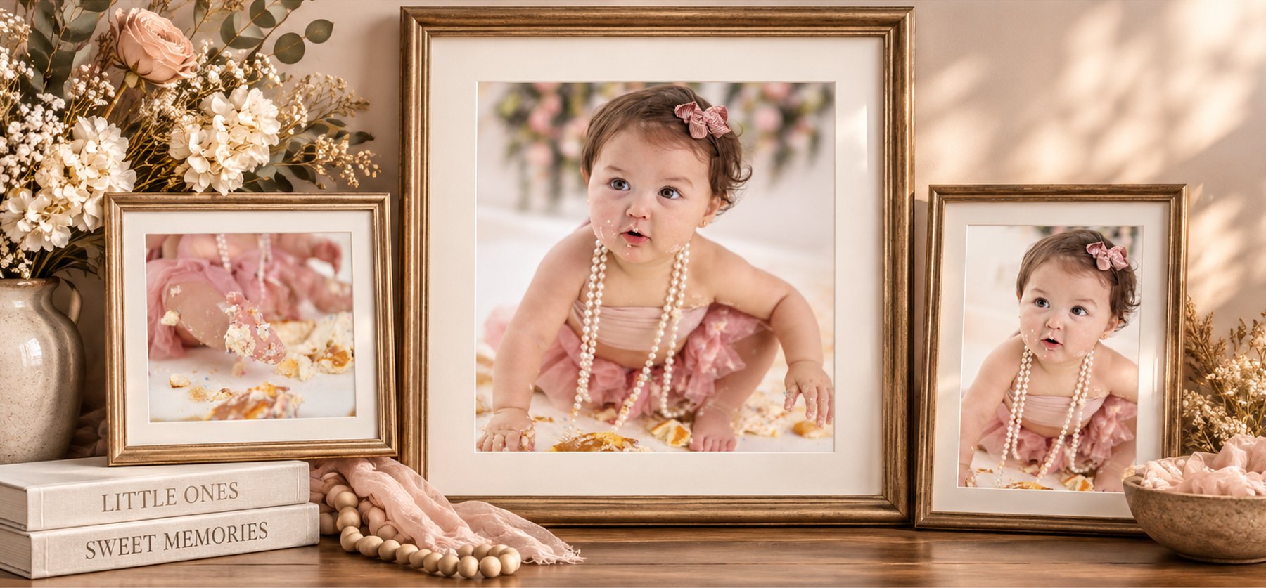 Three cake smash portraits in gold frames with dried flowers