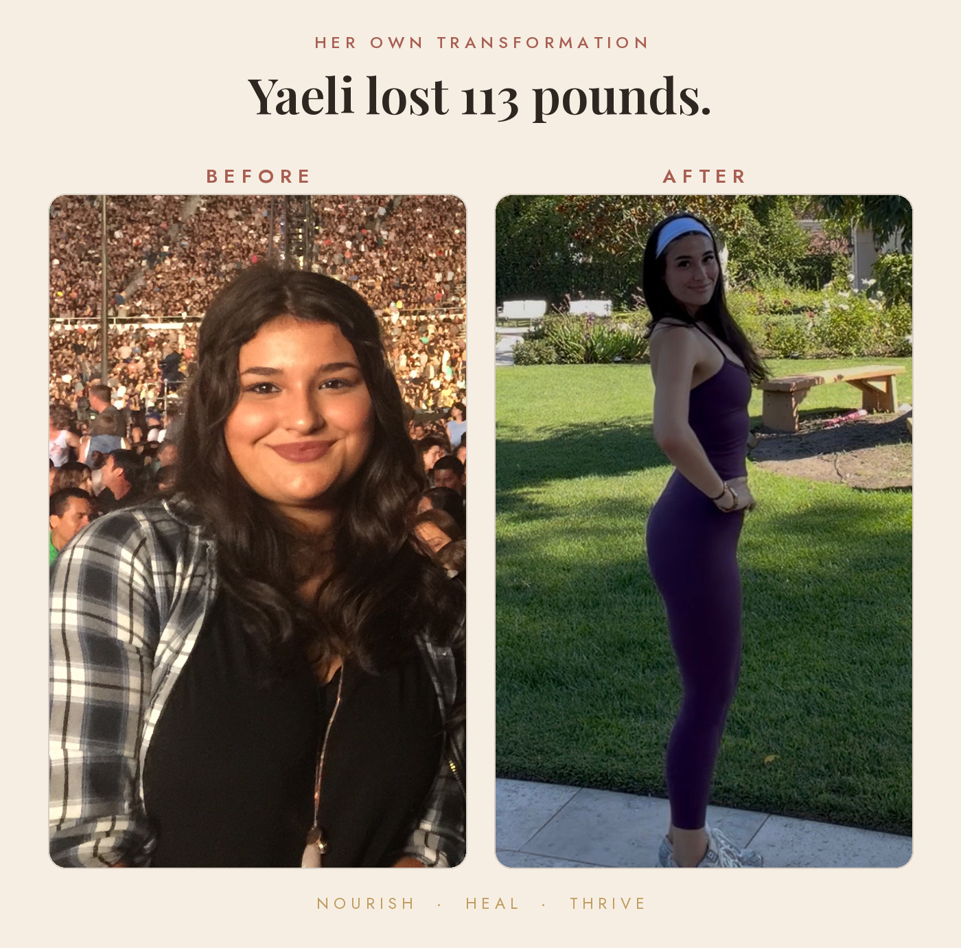 Yaeli's own transformation, before and after losing 113 pounds