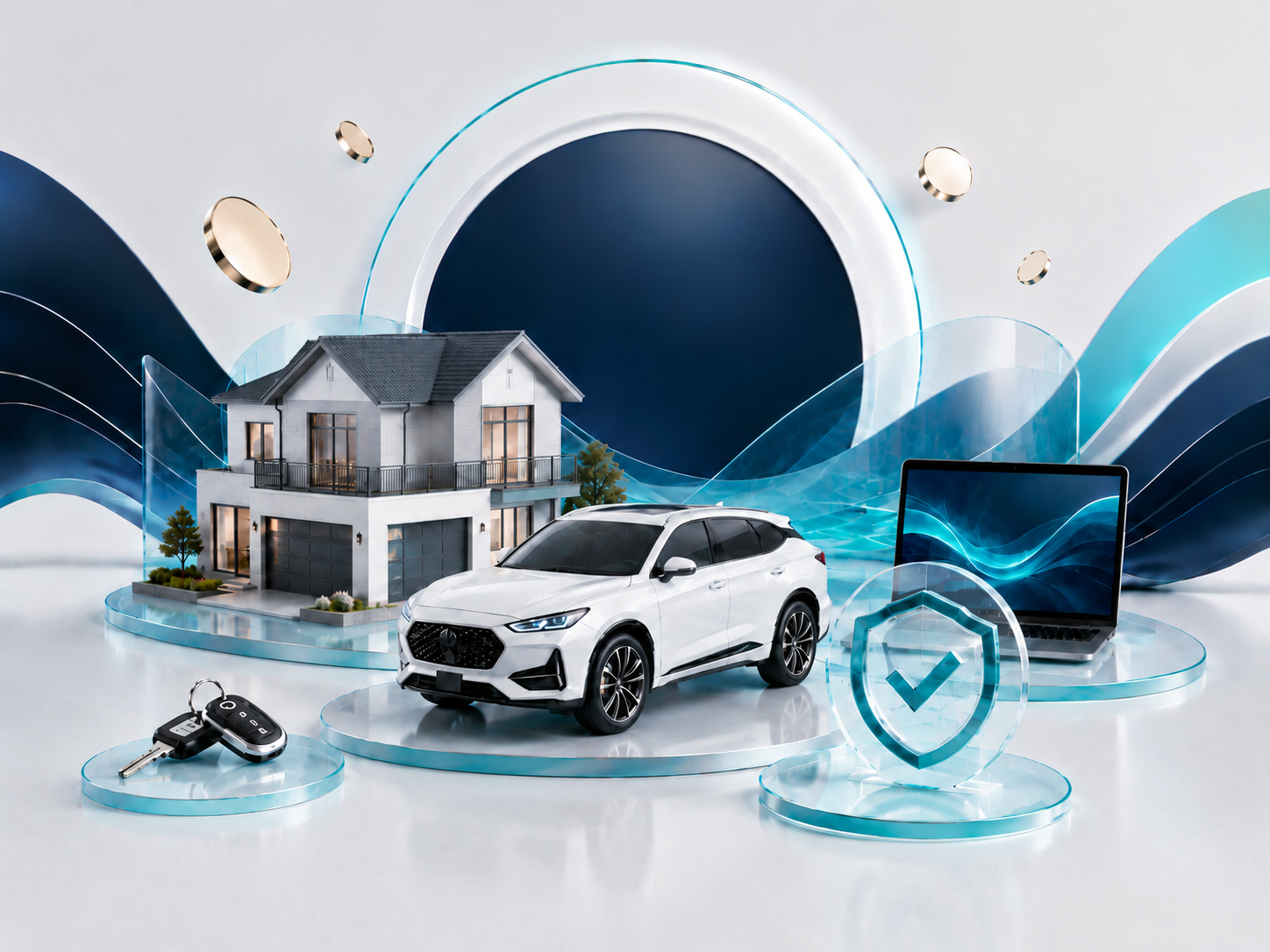Short-term insurance service image showing asset protection, home, vehicle and business insurance visuals in the United Capital navy and teal style.