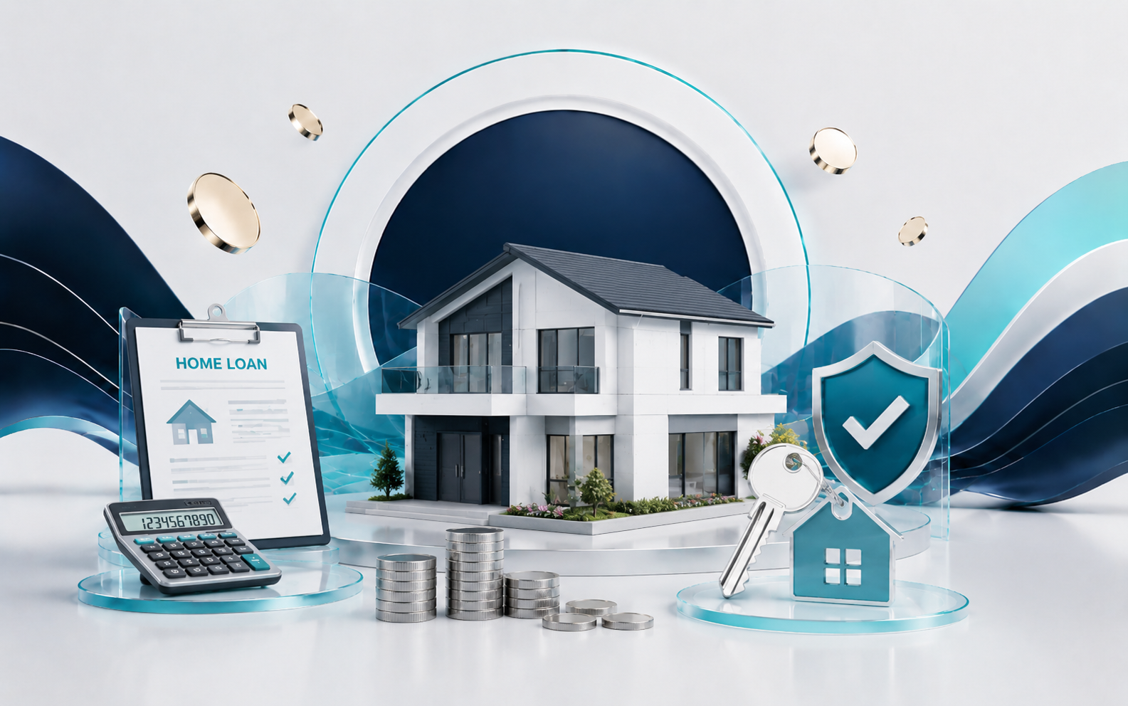 Home loans service image showing home finance documents, property planning and protection visuals.