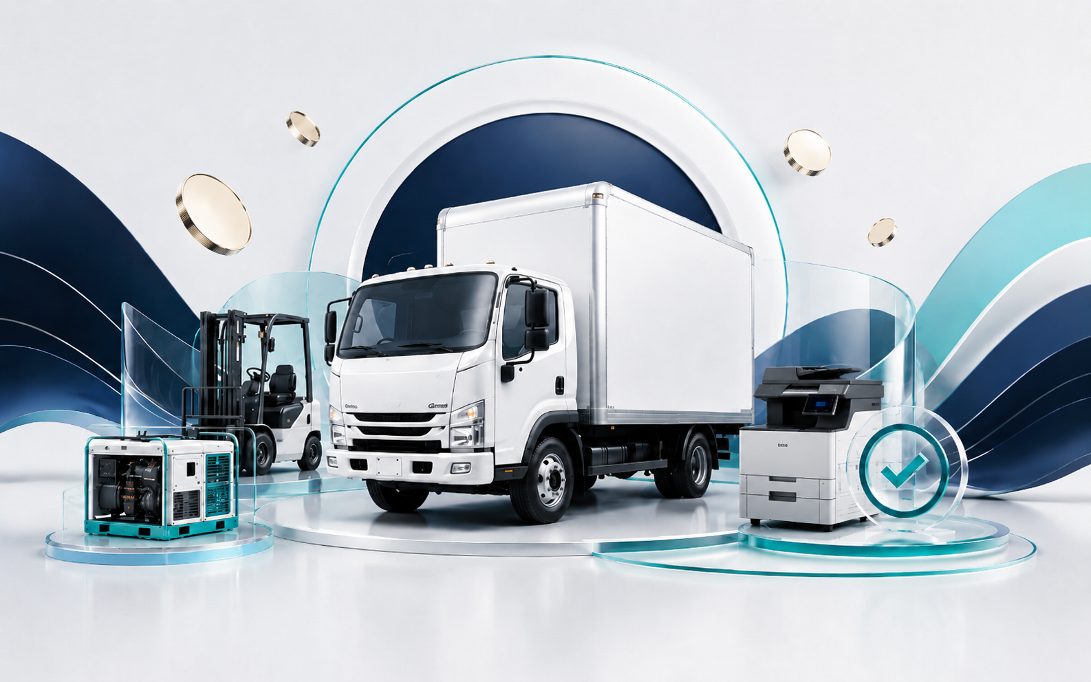 Rent-to-buy service image showing business assets, documents and finance planning in navy, teal and white.