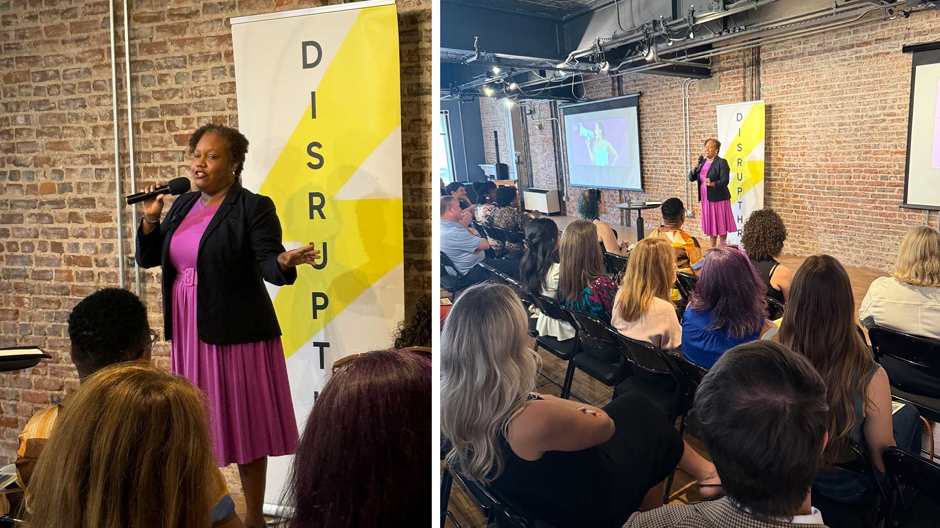 Coach Dora Mendez speaking at DisruptHR DC on May 20, 2026, delivering a leadership presentation to a packed audience at the National Union Building in Washington, DC.